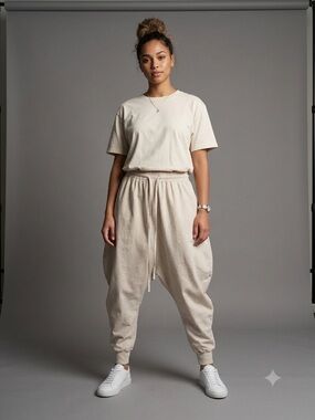 100% Linen Cream Drop Crotch Harem Jogger Pants M